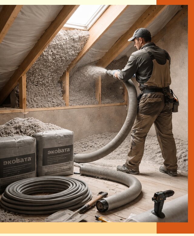 Утепление мансарды эковатой в Гусь-Хрустальном от 2354 руб/м2 — монтаж, задувка, цена | ТепломастерГсь