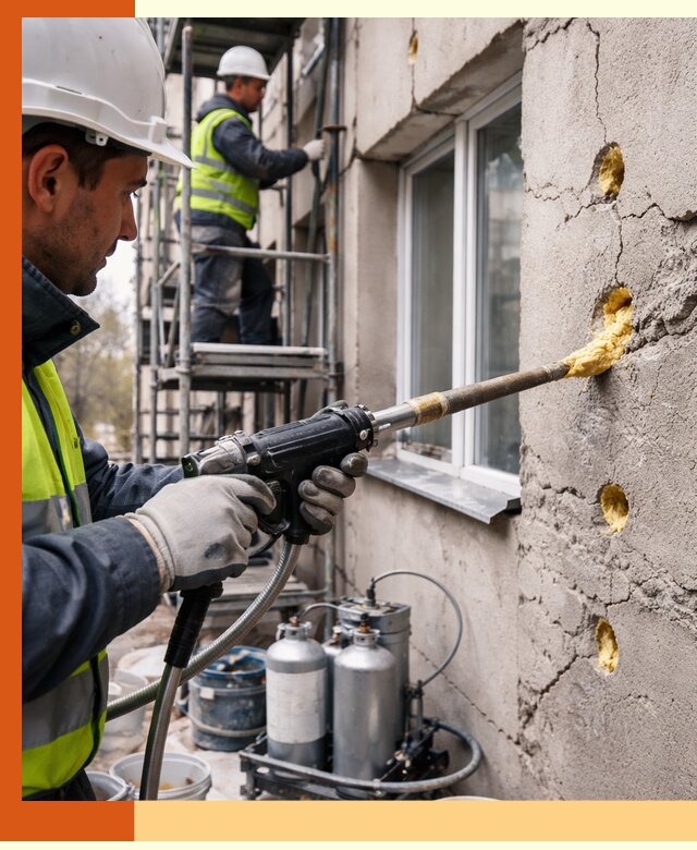 Заполнение пустот в фасаде и утепление стен в Гусь-Хрустальном